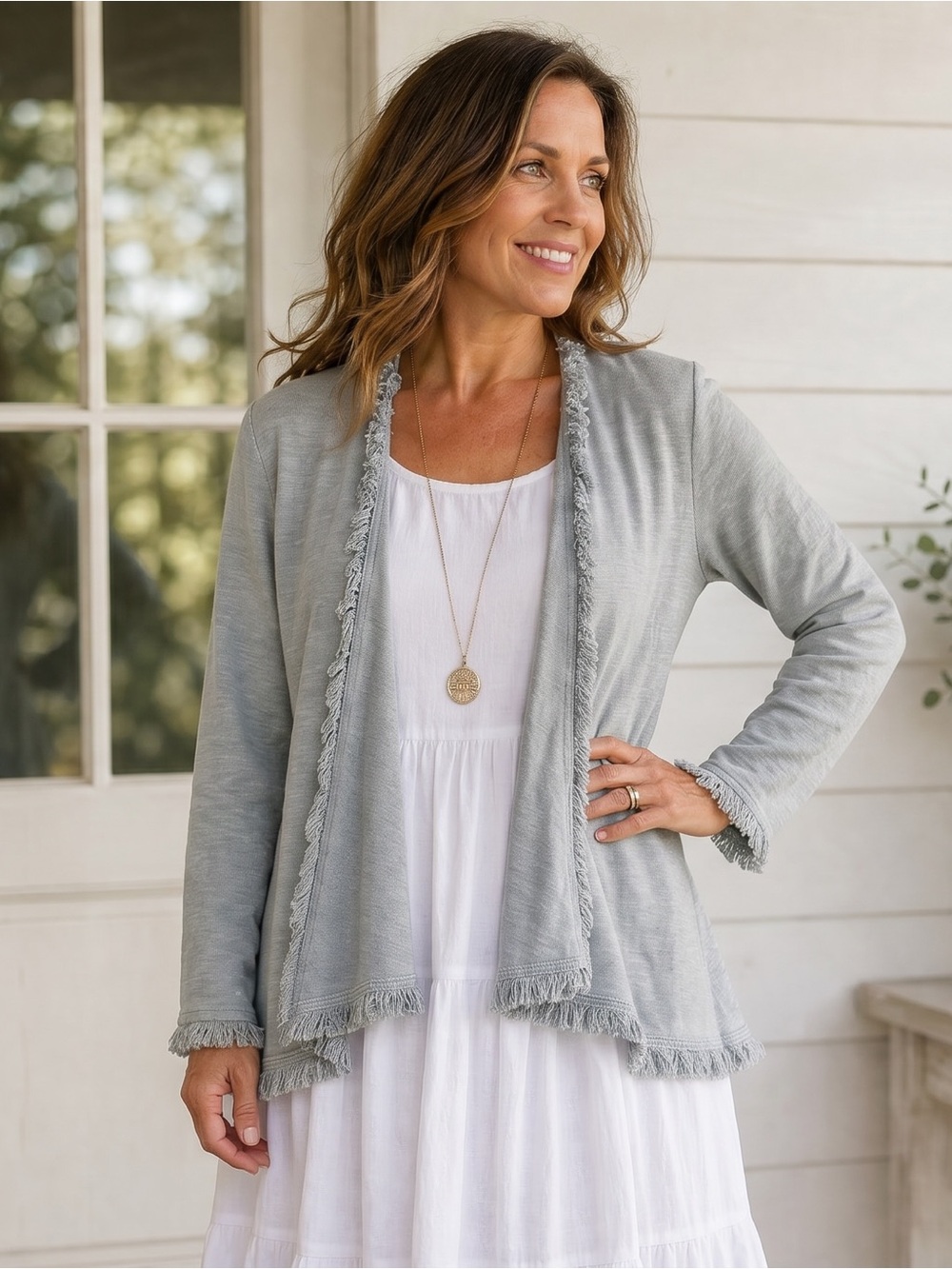 Spartina 449 Fringe-Trim Open Front Layering Clara Convertible Cardigan Sweater